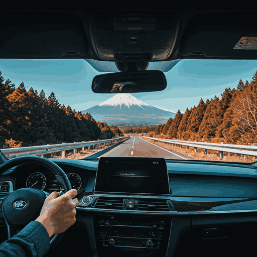 View from a luxury car on a scenic Japanese road with Mt. Fuji in the distance