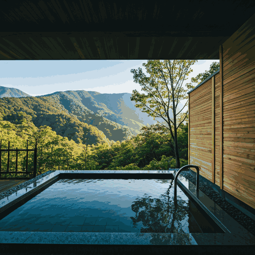 A tranquil open-air 'Rotenburo' in Japan surrounded by misty mountains.
