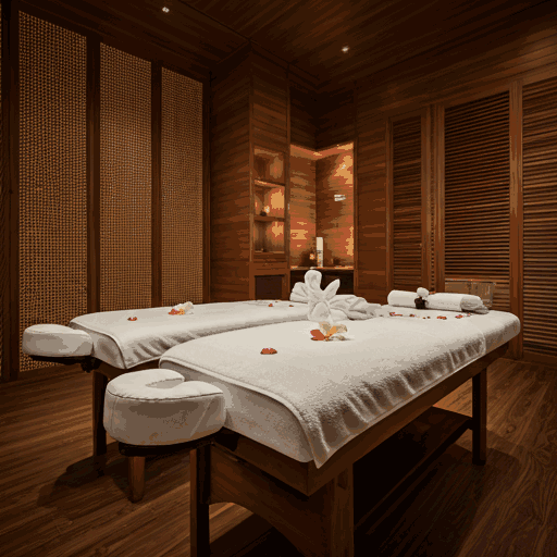 Luxurious spa room interior in Thailand with two massage beds.
